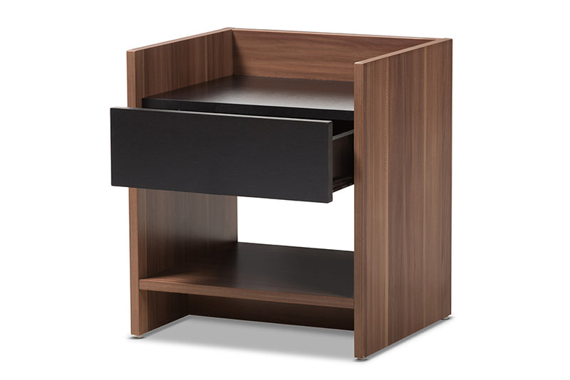 Tarah Modern and Contemporary Two-Tone Walnut and Black Wood 1-Drawer Nightstand