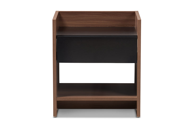 Tarah Modern and Contemporary Two-Tone Walnut and Black Wood 1-Drawer Nightstand