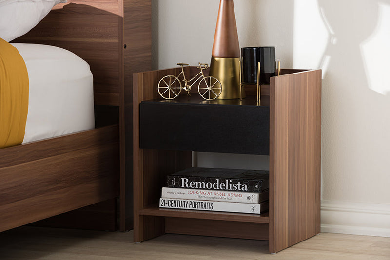 Tarah Two-Tone Walnut and Black Wood 1-Drawer Nightstand Baxton