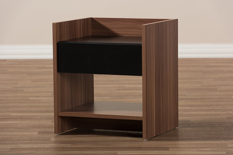 Tarah Modern and Contemporary Two-Tone Walnut and Black Wood 1-Drawer Nightstand