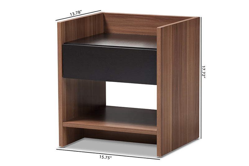 Tarah Modern and Contemporary Two-Tone Walnut and Black Wood 1-Drawer Nightstand