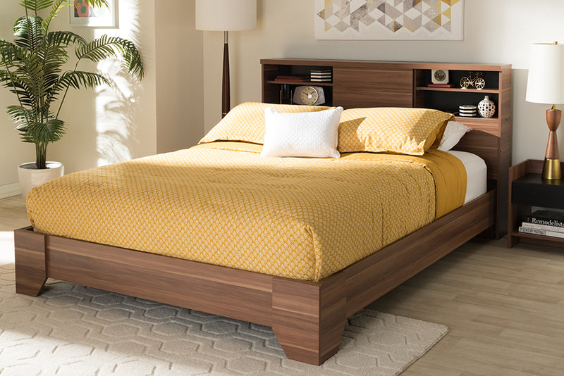 Tarah Modern and Contemporary Two-Tone Walnut and Black Wood Queen Size Platform Bed