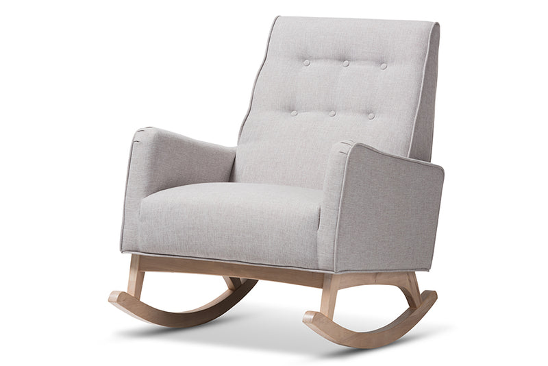 Helio Mid-Century Modern Greyish Beige Fabric Upholstered Whitewash Wood Rocking Chair