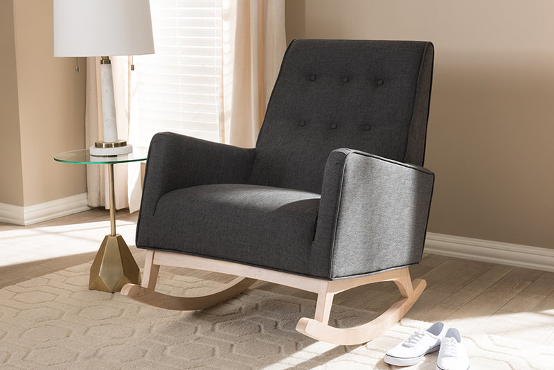 Helio Mid-Century Modern Dark Gray Fabric Upholstered Whitewash Wood Rocking Chair