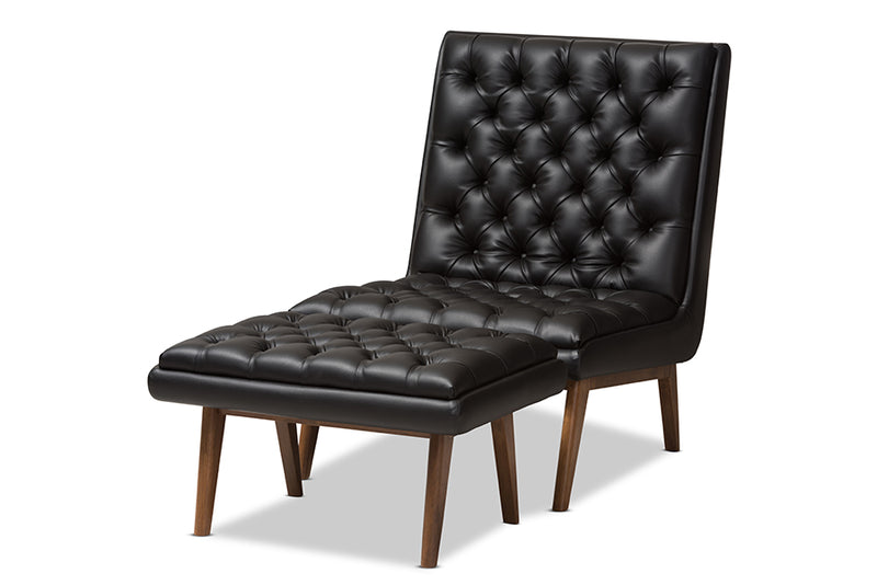 Vigo Mid-Century Modern Black Faux Leather Upholstered Walnut Finished Wood Chair And Ottoman Set