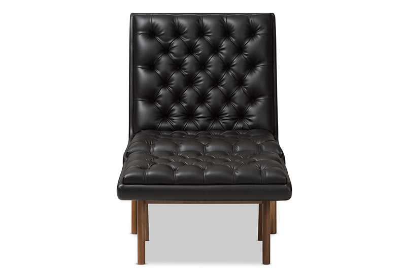 Vigo Mid-Century Modern Black Faux Leather Upholstered Walnut Finished Wood Chair And Ottoman Set