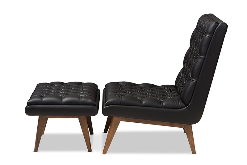 Vigo Mid-Century Modern Black Faux Leather Upholstered Walnut Finished Wood Chair And Ottoman Set