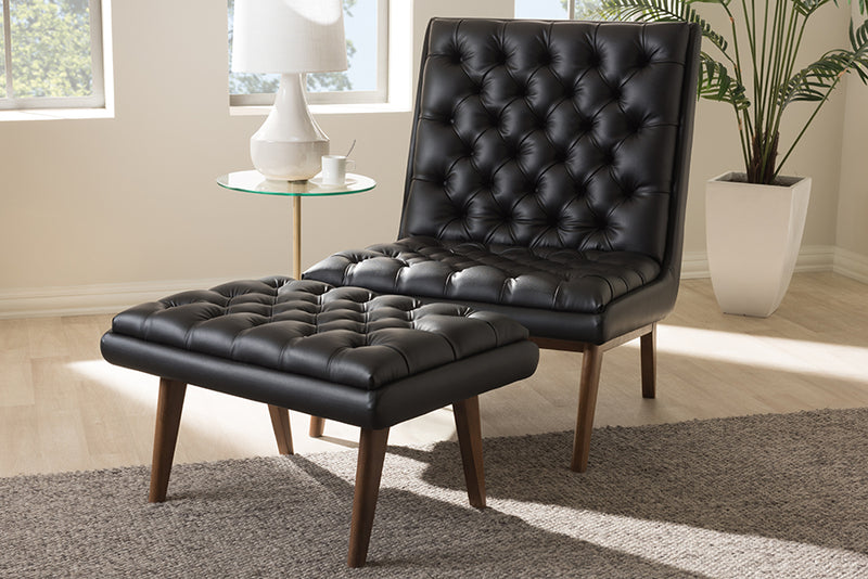 Vigo Mid-Century Modern Black Faux Leather Upholstered Walnut Finished Wood Chair And Ottoman Set