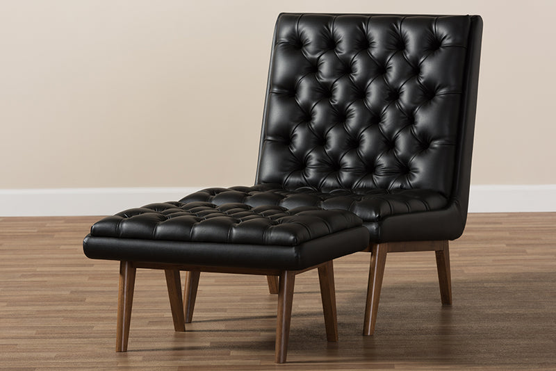 Vigo Mid-Century Modern Black Faux Leather Upholstered Walnut Finished Wood Chair And Ottoman Set