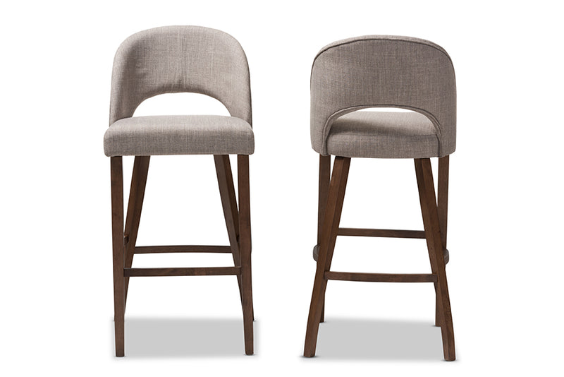 Germaine Mid-Century Modern Light Gray Fabric Upholstered Walnut Finished Wood Bar Stool (Set of 2)