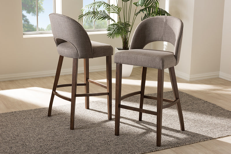 Germaine Mid-Century Modern Light Gray Fabric Upholstered Walnut Finished Wood Bar Stool (Set of 2)