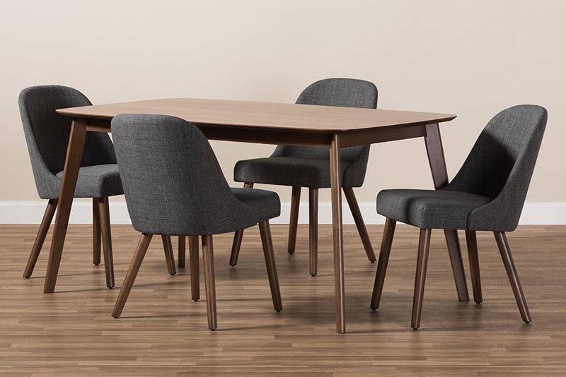 Catia Dark Gray Fabric Upholstered Walnut 5-Piece Dining Set Baxton