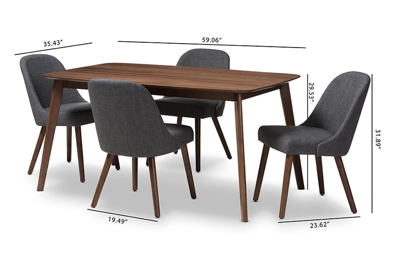 Catia Dark Gray Fabric Upholstered Walnut 5-Piece Dining Set Baxton
