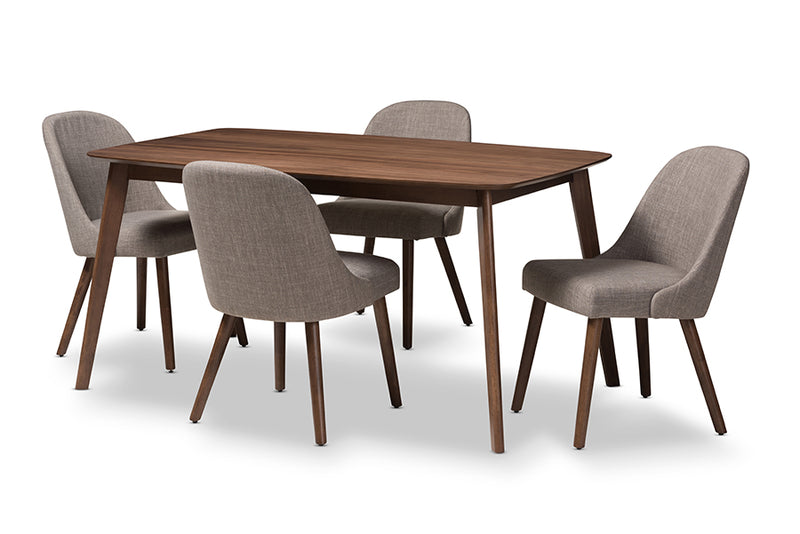 Catia Mid-Century Modern Light Gray Fabric Upholstered Walnut Finished Wood 5-Piece Dining Set