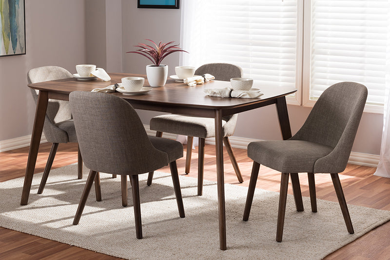 Catia Mid-Century Modern Light Gray Fabric Upholstered Walnut Finished Wood 5-Piece Dining Set