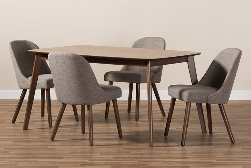 Catia Mid-Century Modern Light Gray Fabric Upholstered Walnut Finished Wood 5-Piece Dining Set