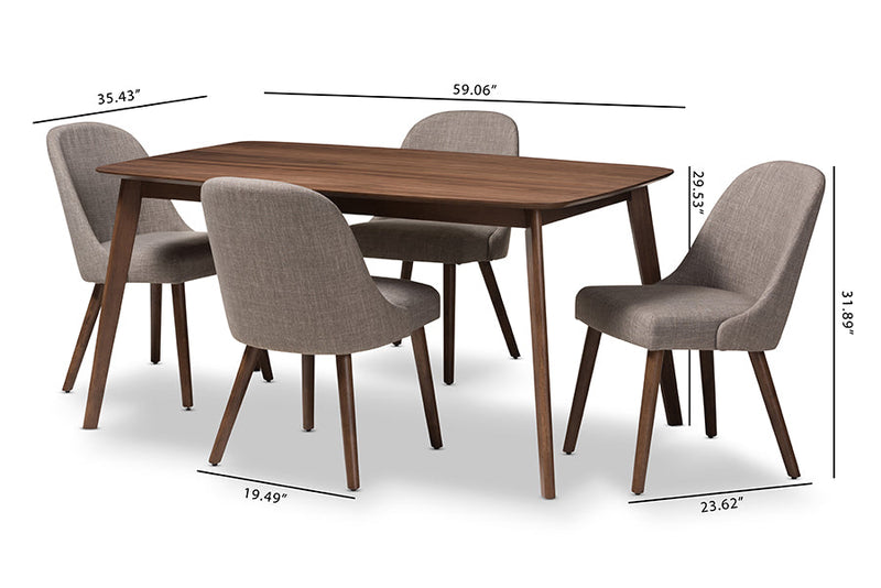 Catia Light Gray Fabric Upholstered Walnut 5-Piece Dining Set Baxton