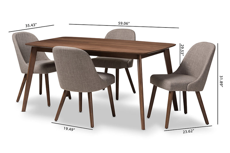 Catia Mid-Century Modern Light Gray Fabric Upholstered Walnut Finished Wood 5-Piece Dining Set