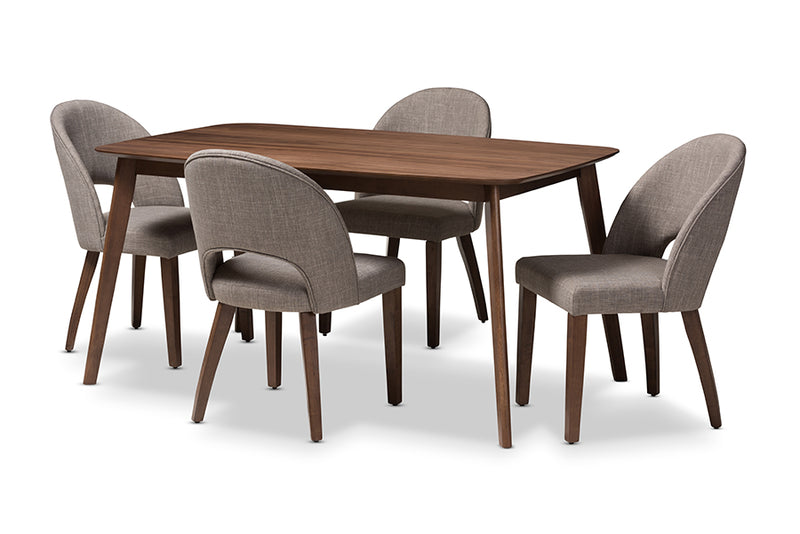Everdon Mid-Century Modern Light Gray Fabric Upholstered Walnut Finished Wood 5-Piece Dining Set