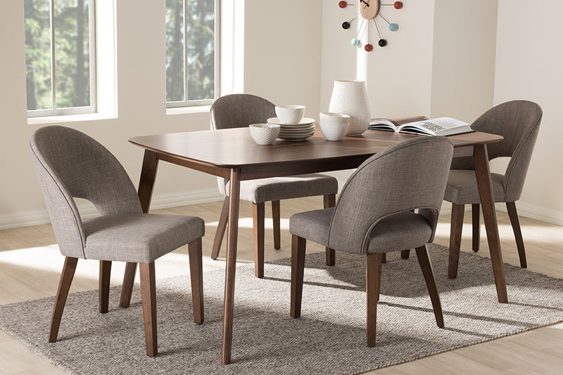 Everdon Mid-Century Modern Light Gray Fabric Upholstered Walnut Finished Wood 5-Piece Dining Set