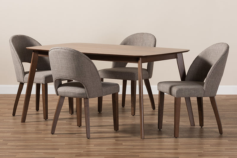 Everdon Mid-Century Modern Light Gray Fabric Upholstered Walnut Finished Wood 5-Piece Dining Set