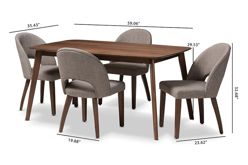 Everdon Mid-Century Modern Light Gray Fabric Upholstered Walnut Finished Wood 5-Piece Dining Set