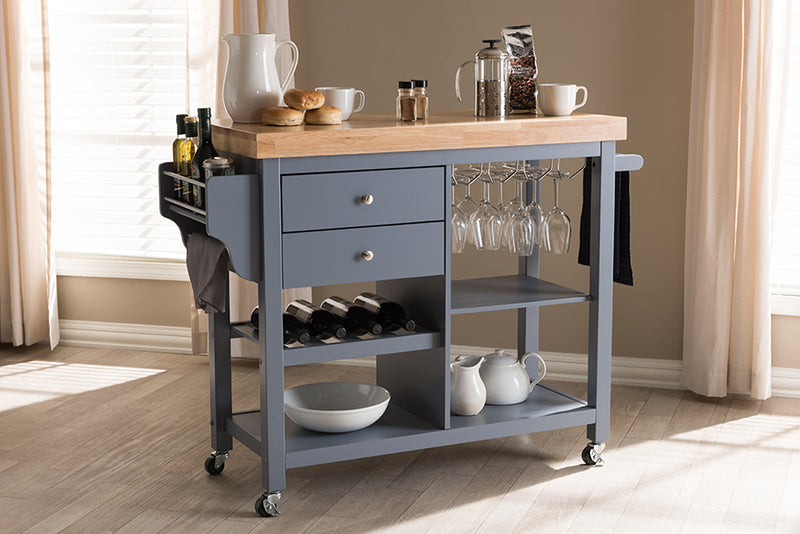 Heyna Coastal and Farmhouse Gray Wood Kitchen Cart