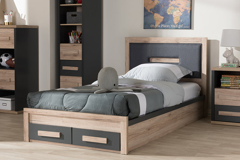 Calida Modern and Contemporary Dark Gray and Light Brown Two-Tone 2-Drawer Twin Size Storage Platform Bed