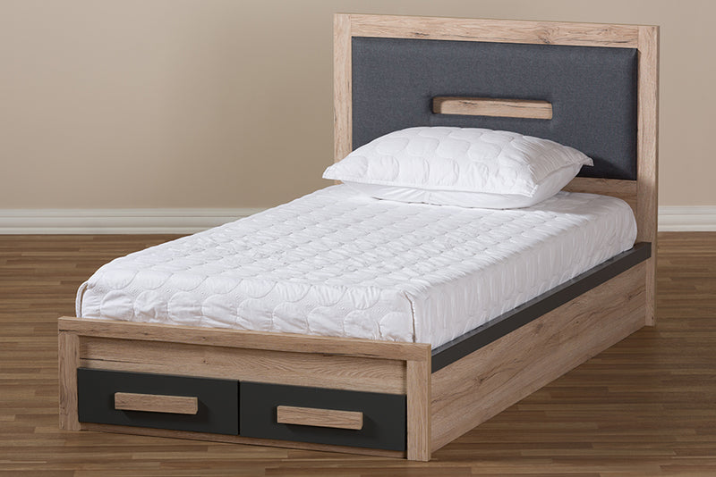 Calida Modern and Contemporary Dark Gray and Light Brown Two-Tone 2-Drawer Twin Size Storage Platform Bed