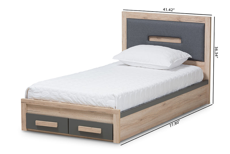 Calida Modern and Contemporary Dark Gray and Light Brown Two-Tone 2-Drawer Twin Size Storage Platform Bed