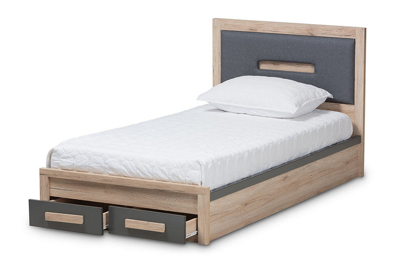 Calida Modern and Contemporary Dark Gray and Light Brown Two-Tone 2-Drawer Twin Size Storage Platform Bed