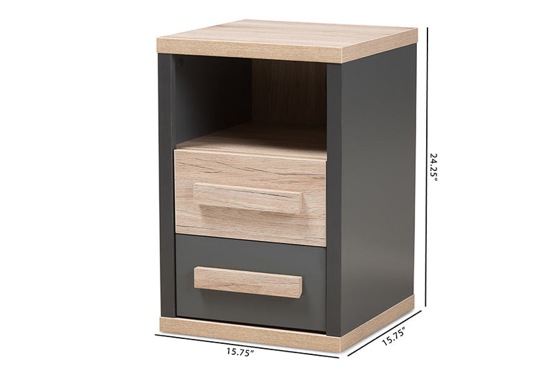 Calida Dark Gray and Light Brown Two-Tone 2-Drawer Nightstand Baxton