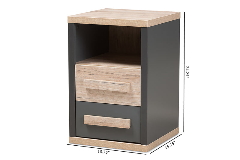 Calida Modern and Contemporary Dark Gray and Light Brown Two-Tone 2-Drawer Nightstand