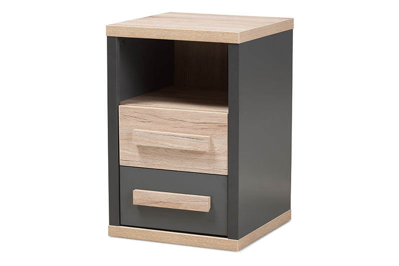 Calida Modern and Contemporary Dark Gray and Light Brown Two-Tone 2-Drawer Nightstand