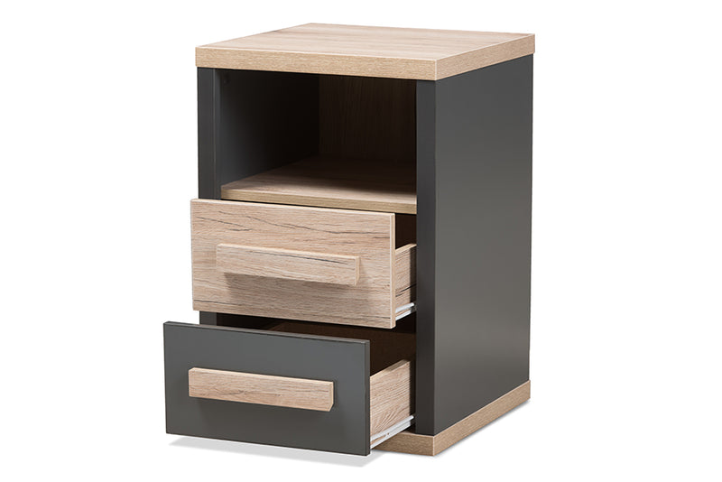 Calida Modern and Contemporary Dark Gray and Light Brown Two-Tone 2-Drawer Nightstand