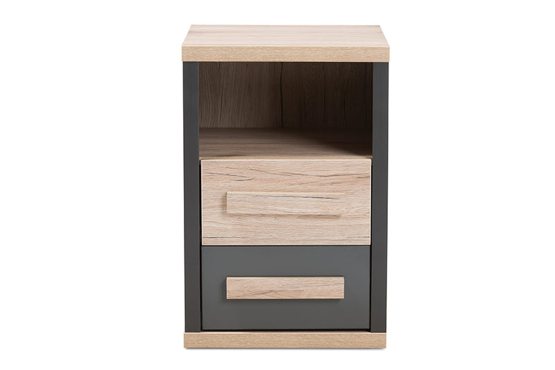 Calida Modern and Contemporary Dark Gray and Light Brown Two-Tone 2-Drawer Nightstand