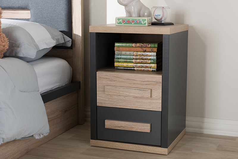 Calida Modern and Contemporary Dark Gray and Light Brown Two-Tone 2-Drawer Nightstand