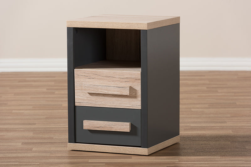 Calida Modern and Contemporary Dark Gray and Light Brown Two-Tone 2-Drawer Nightstand