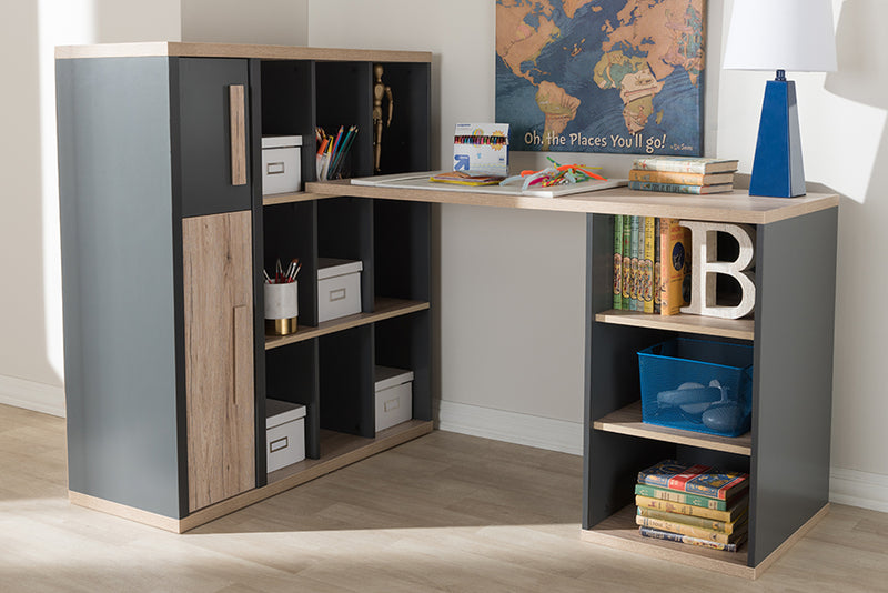 Calida Modern and Contemporary Dark Gray and Light Brown Two-Tone Study Desk w/Built-in Shelving Unit