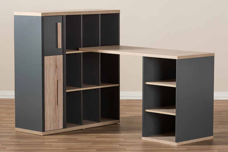 Calida Dark Gray and Light Brown Two-Tone Study Desk w/Built-in Shelving Unit Baxton