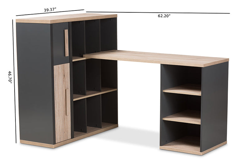 Calida Dark Gray and Light Brown Two-Tone Study Desk w/Built-in Shelving Unit Baxton