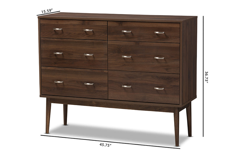 Hayward Mid-Century Modern Walnut Brown Finished 6-Drawer Dresser