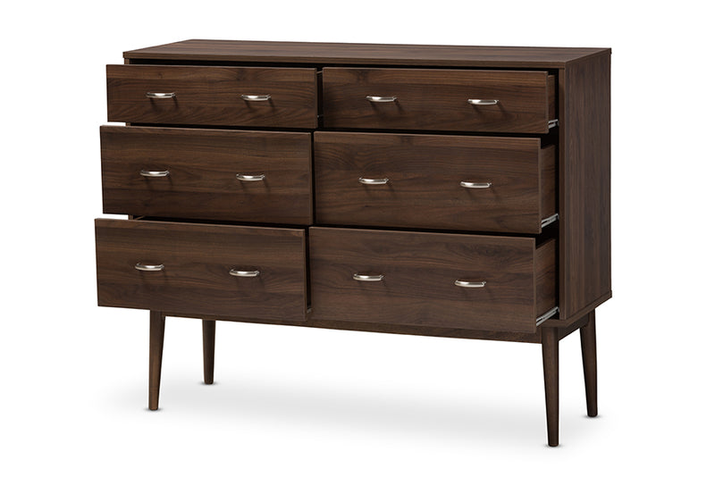 Hayward Mid-Century Modern Walnut Brown Finished 6-Drawer Dresser