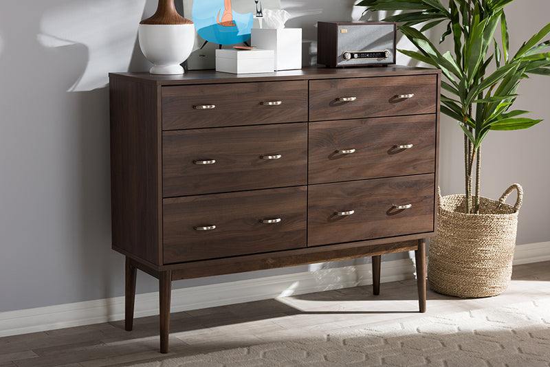 Hayward Mid-Century Modern Walnut Brown Finished 6-Drawer Dresser