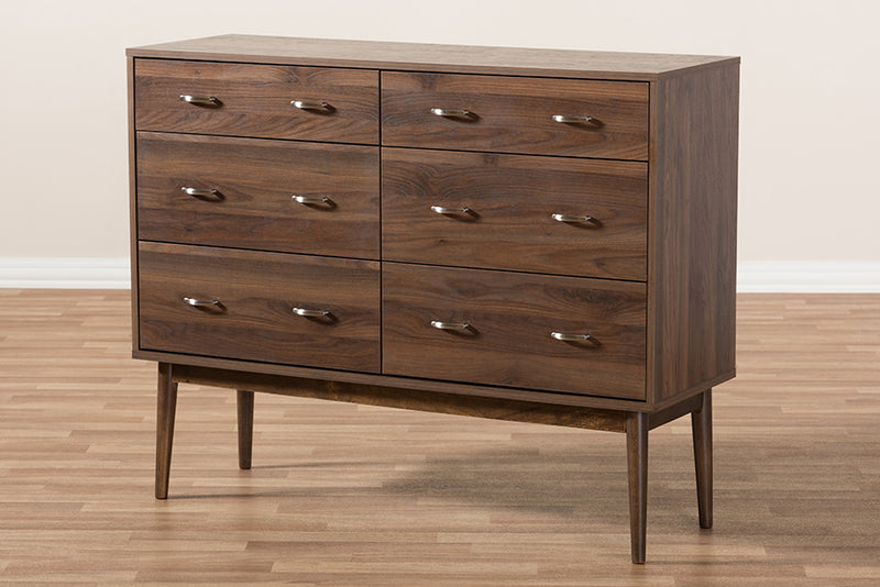 Hayward Mid-Century Modern Walnut Brown Finished 6-Drawer Dresser