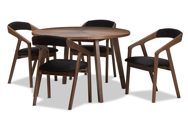 Janne Mid-Century Modern Black Fabric and Walnut Medium Brown Wood Finishing Dining Set