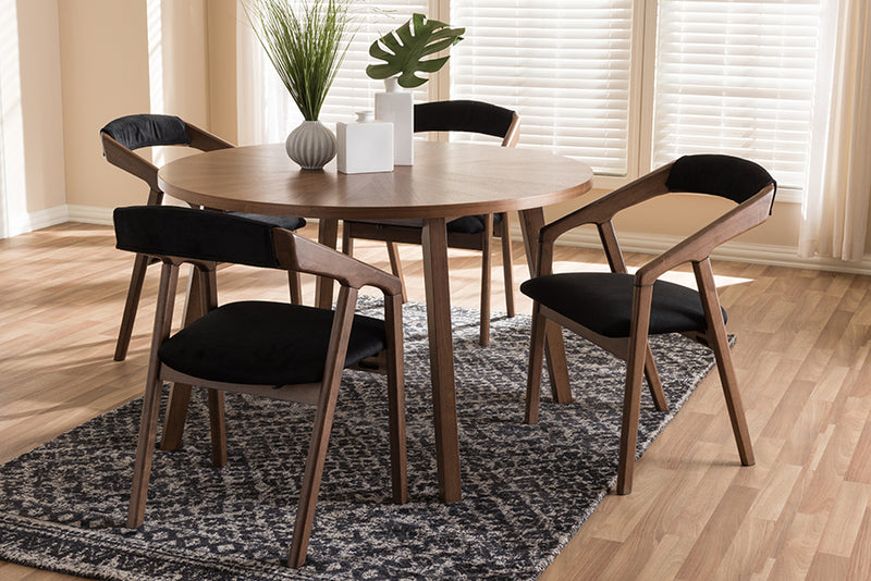 Janne Mid-Century Modern Black Fabric and Walnut Medium Brown Wood Finishing Dining Set