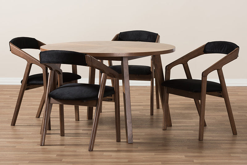 Janne Black Fabric and Walnut Medium Brown Wood Finishing Dining Set Baxton