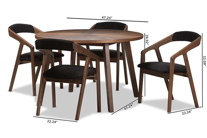 Janne Mid-Century Modern Black Fabric and Walnut Medium Brown Wood Finishing Dining Set