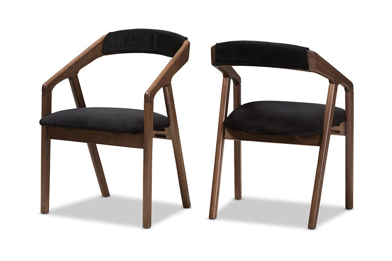 Janne Black Velvet and Walnut Medium Brown Wood Dining Chair (Set of 2) Baxton